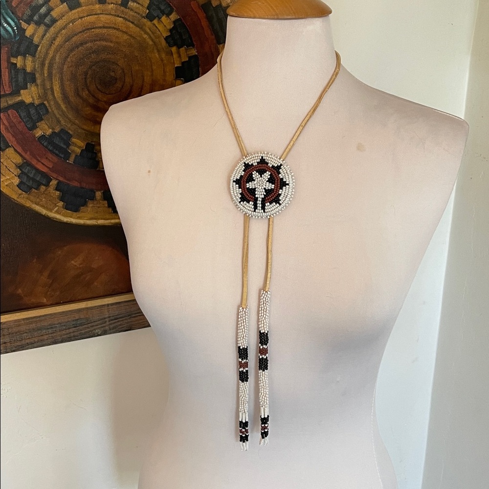 Vintage Native American Beaded Leather Backing Bolo Tie
